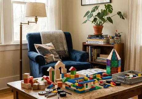 Children connecting colorful building pieces