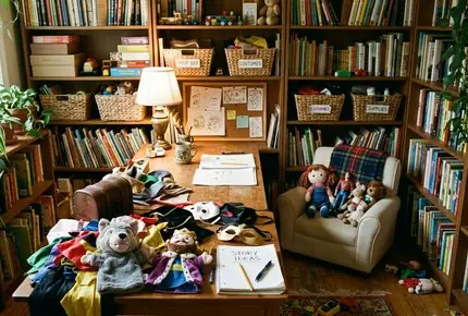 Puppets arranged beside pretend play props